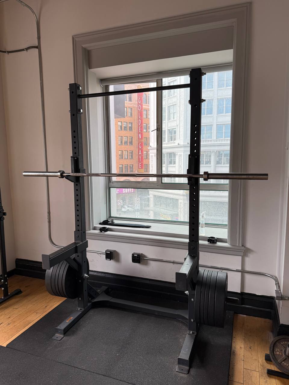 Squat rack with city view