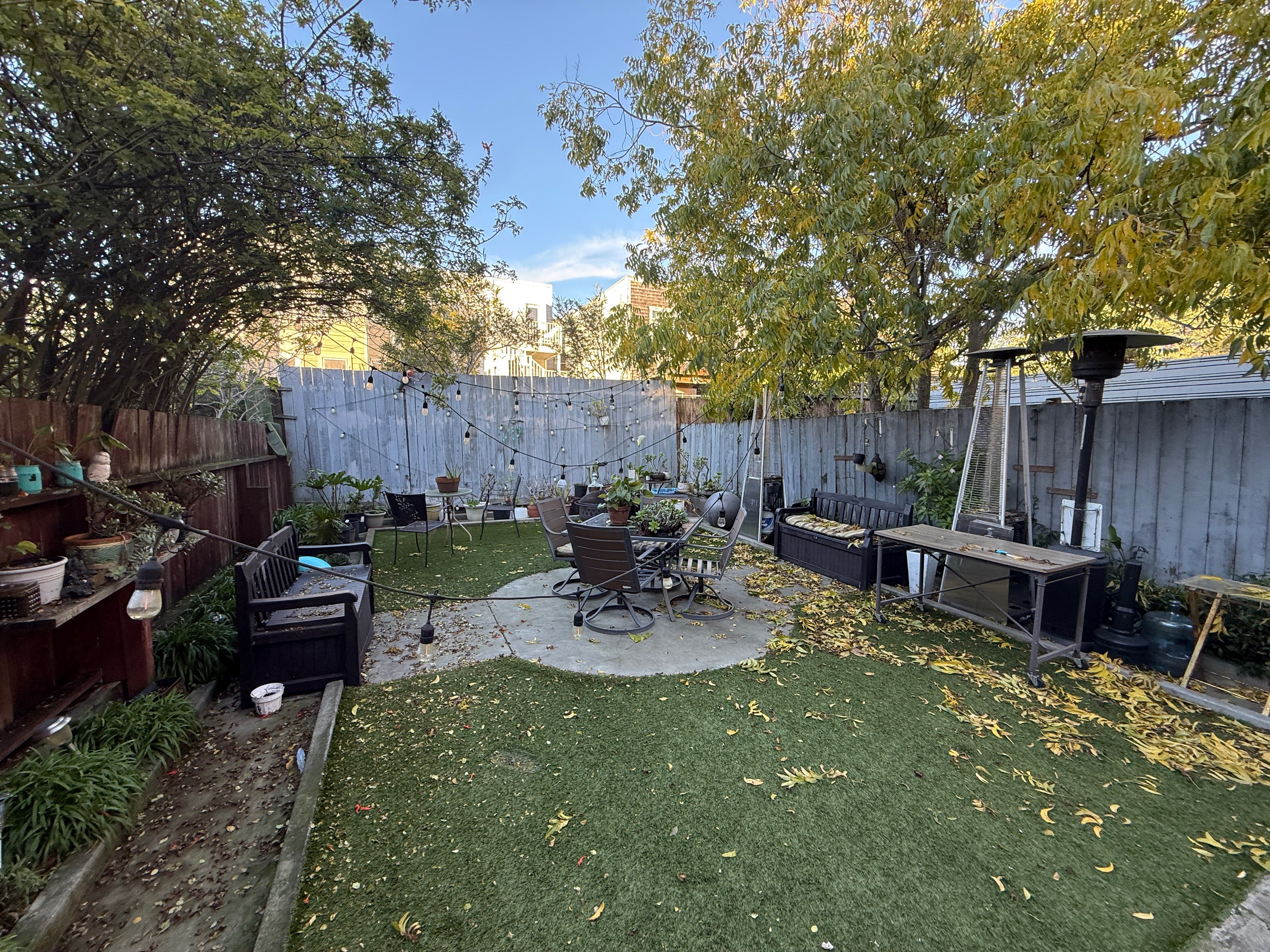 Backyard patio with outdoor furniture and garden